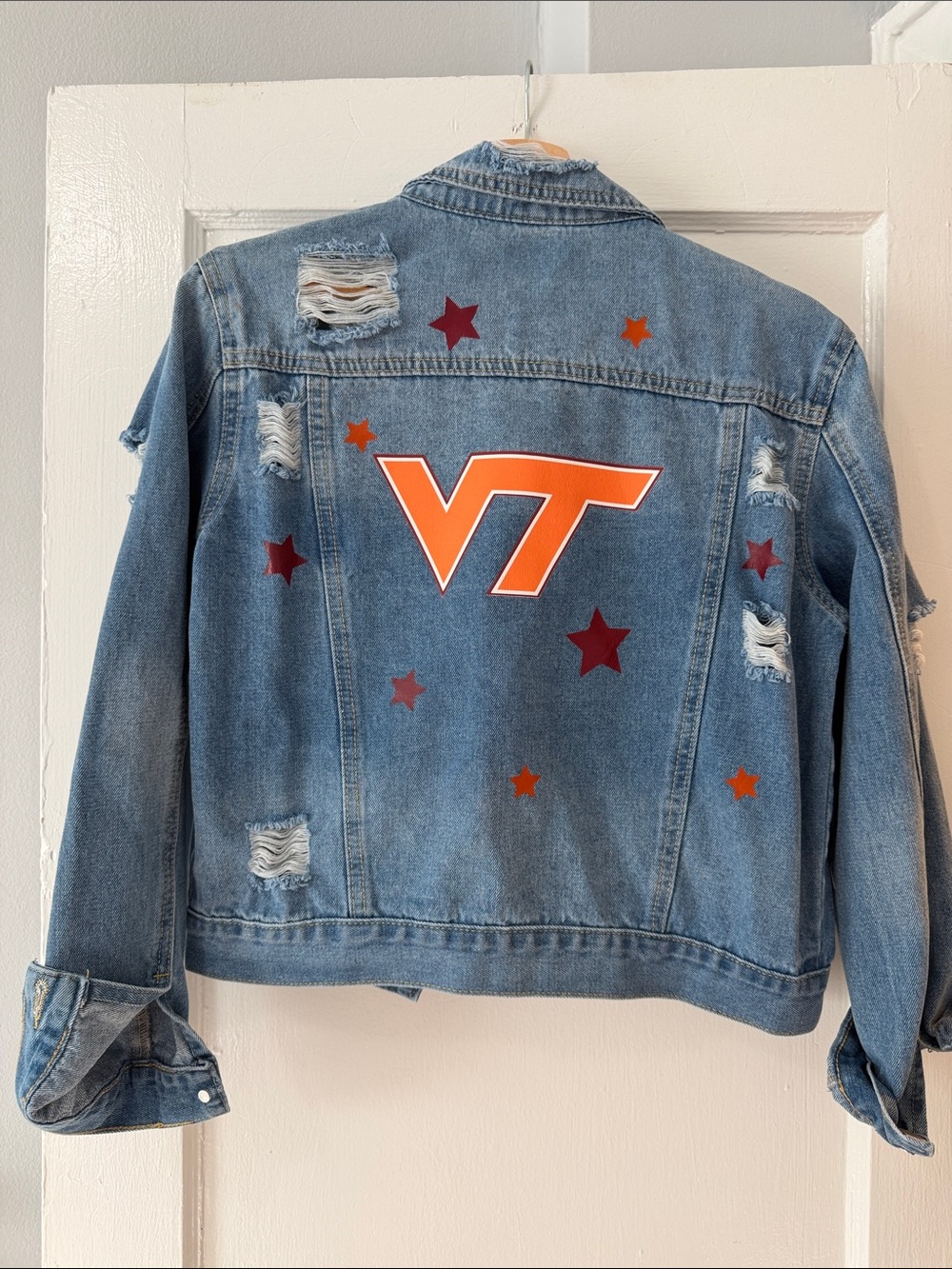 VT Logo Distressed Blue Denim Jacket with Orange and Maroon Stars